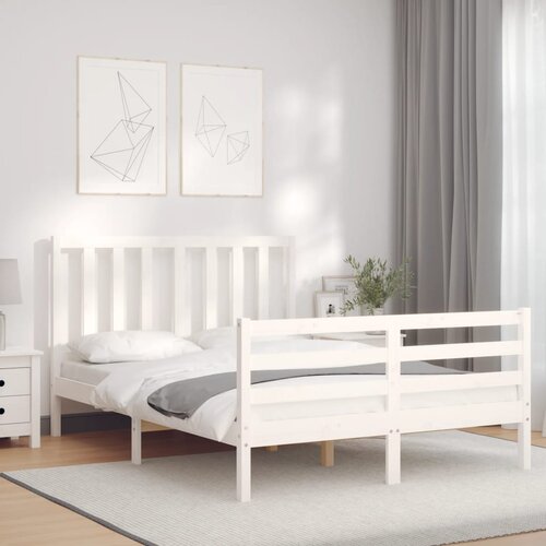 The Living Store Posteljni okvir z vzglavjem bel trden les - Posteljni Okvir, (21523730) Slike