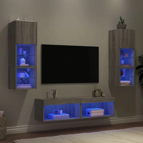  6-dijelni zidni TV elementi s LED svjetlima boja sivog hrasta