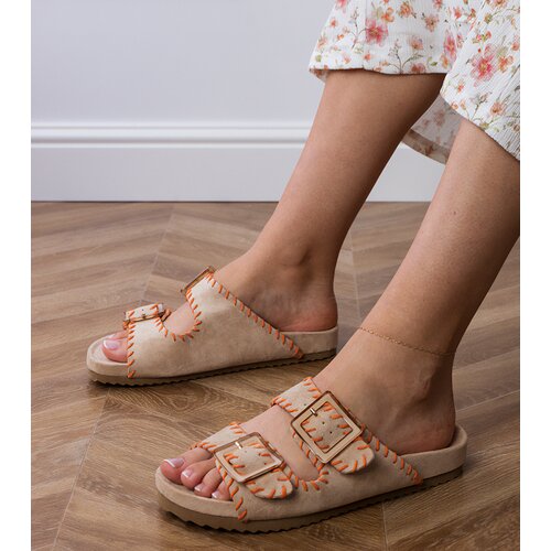 D/CEO Beige slippers with buckles and embroidery on the straps Kim Slike