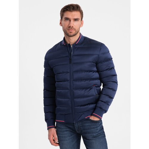 Ombre Men's satin finish bomber jacket with contrasting ribbed cuffs - dark blue Cijene