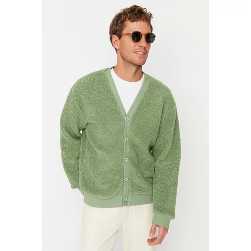 Trendyol Green Men's Relaxed Fit V-Neck Buttoned Plush Thick Cardigan
