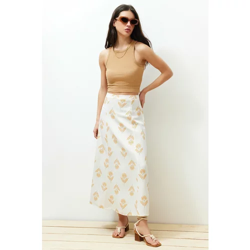 Trendyol Ecru Floral Patterned A-Line Midi Length Woven Linen Blended Skirt