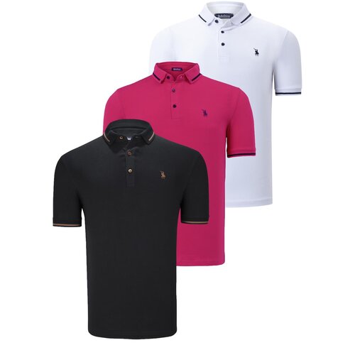 Dewberry TRIPLE SET T8586 MEN'S T-SHIRT-BLACK-WHITE-FUCHSIA Slike