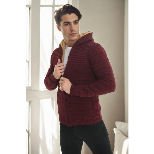 Dewberry 14455 Furry Hooded Mens Sports Slim Fit Cardigan-BURGUNDY Slike