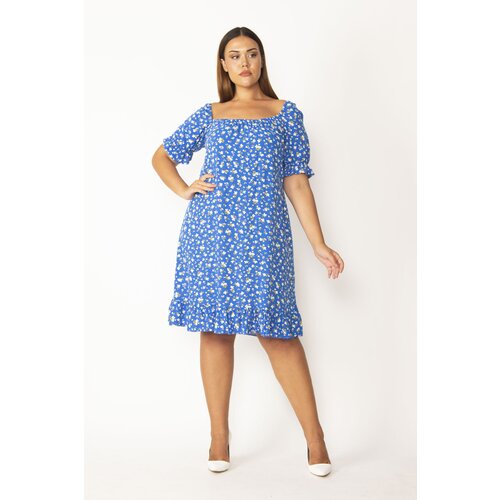 Şans Women's Plus Size Flower Patterned Dress With Elastic Neck And Arm Cuff Cene