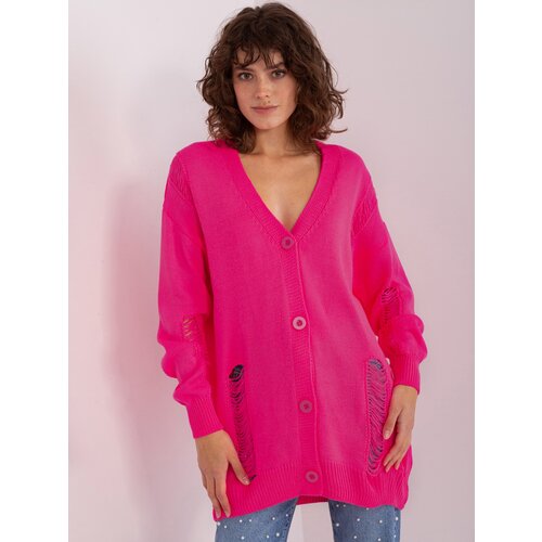 Fashion Hunters Fluo pink long cardigan with holes Cene