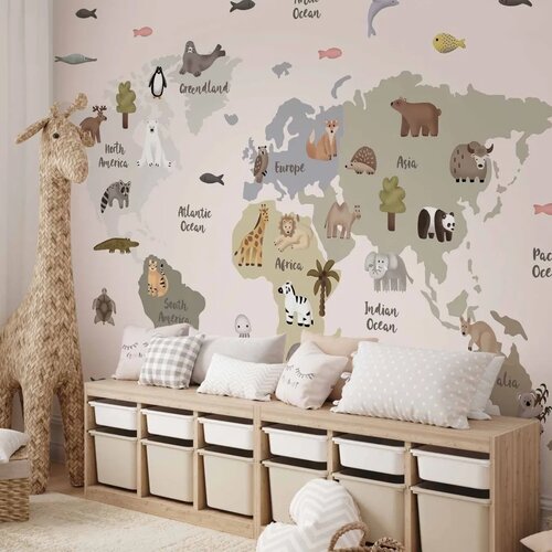  Foto tapeta - Pastel Map - Animals and Continents for Children\'s Room 500x350 Vodootporna Cene