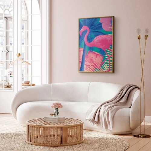 Plakat - Pink Flamingo - abstract flamingo against a background of palm trees and ice cubes 40x60 Zlatni okvir Slike
