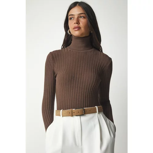 Happiness İstanbul Women's Brown Turtleneck Basic Corduroy Sweater