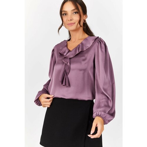armonika Women's Purple Satin Blouse with Frilled Collar on the Shoulders and Elasticated Sleeves Slike