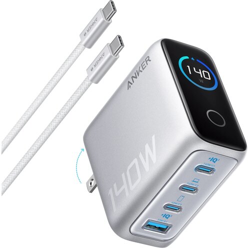 Anker 140W GaN zidni brzi punjač, 4-porta (3x USB-C i 1x USB-A) sa USB-C M/M pletenim kablom, srebrni Slike
