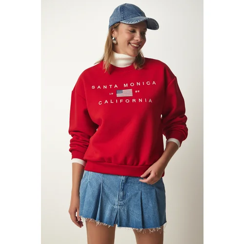  Women's Red Embroidery Raised Knitted Sweatshirt