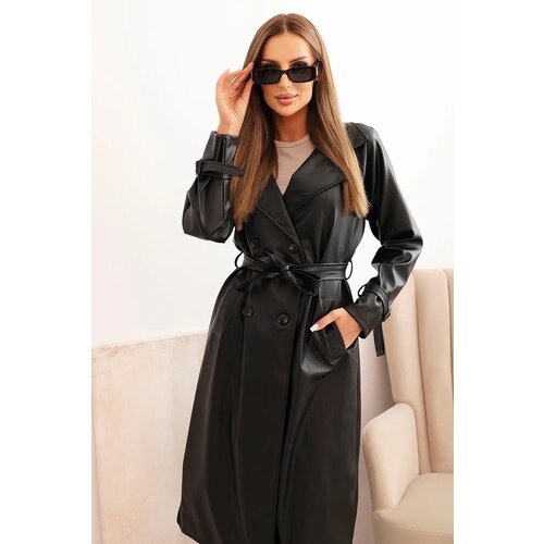 Kesi Włoski Women's trench coat made of eco-leather with a classic collar and a tied belt black Cene