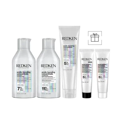 Redken Acidic Bonding Concentrate Set šampon 300 ml + regenerator 300 ml + njega kose bez ispiranja 150 ml + šampon 75 ml + regenerator 50 ml za ženske