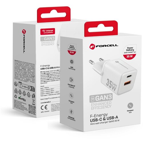 forcell f-energy mini gan III VT-35C kućni punjač 1 x type c + 1 x usb a. pd QC4.0 35W bela Cene