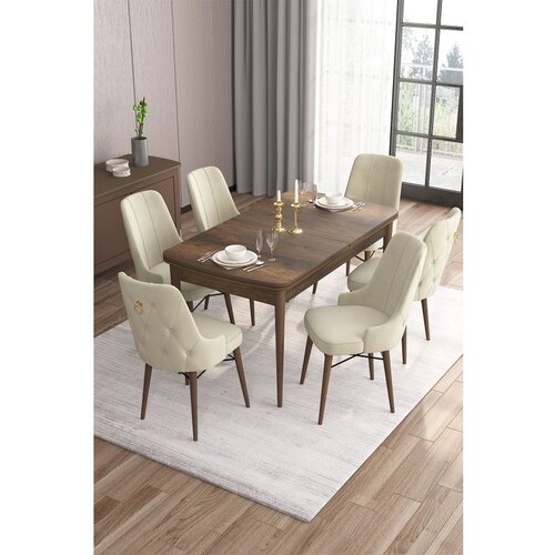 Hanah home Are - Baroque, Cream BaroqueCream Extendable Dining Table & Chairs Set (7 Pieces) Cene