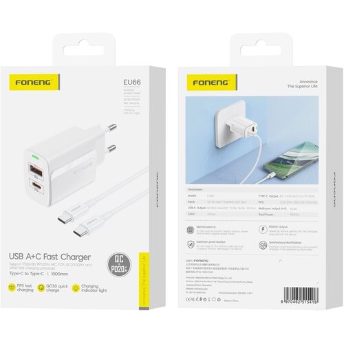 Forcell FONENG EU66 PD 20W POLNILEC ZA IPHONE 11 12 13 14 USB-C S KABLOM, (5000310942) Slike
