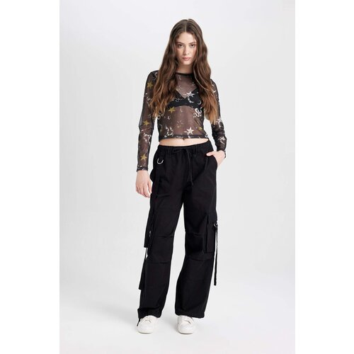Defacto Cool Fitted Body Patterned Tulle Short Sleeve Black T-Shirt Slike