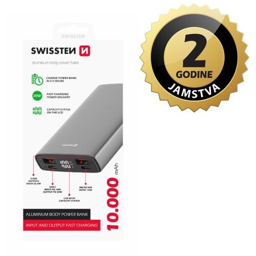 Swissten Dodatna baterija - Power Bank 10000mAh, USB, USB-C, microSD, aluminij Cene