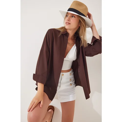  Women's Brown Oversize Long Basic Shirt