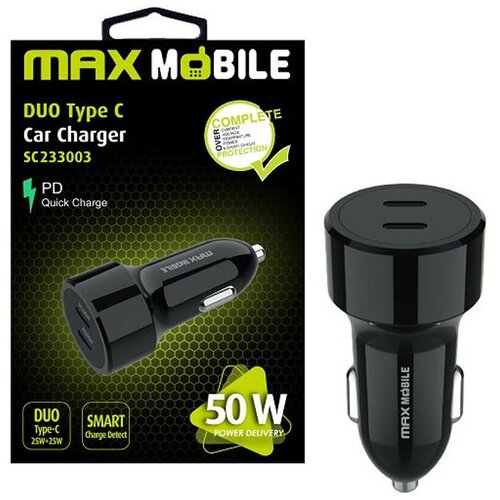Max Mobile AUTO ADAPTER PD QC 3.0 DUO TYPE C SC-233003,50W QUICK CHARGE crni Slike