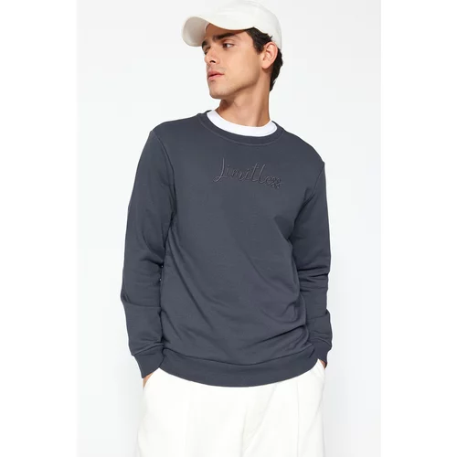 Trendyol Anthracite Men's Regular/Normal Cut Sweatshirt with Text and Embroidery 100% Cotton