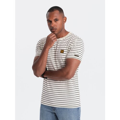 Ombre Men's striped t-shirt with patch by Design - cream and black Cene