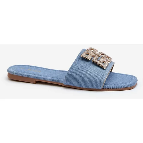 Kesi Women's denim slippers with flat heels and embellishments, blue Inaile