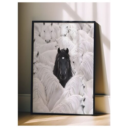 Wallxpert uramljena slika 115191, crni konj među belim konjima, 30 x 40 cm, crni ram Cene