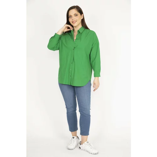 Şans Women's Green Plus Size Front Buttoned Cuffed Shirt