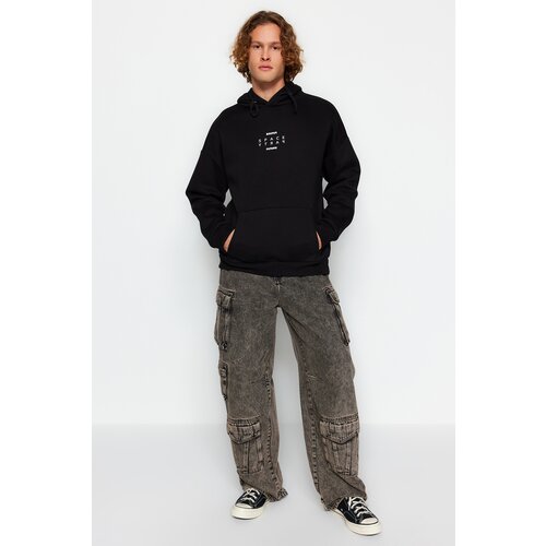 Trendyol Black Men&amp;#039;s Regular Fit/Regular Cut Hoodie with Pajamas and Drawstrings, reflective text printed Sweatshirt. Slike
