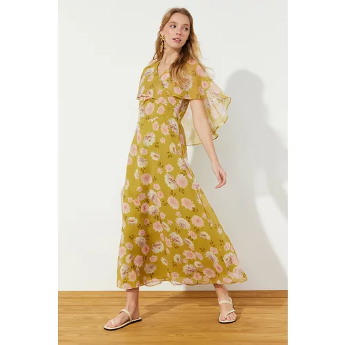 Trendyol Mustard Floral Half Sleeve Lined Woven Chiffon Dress