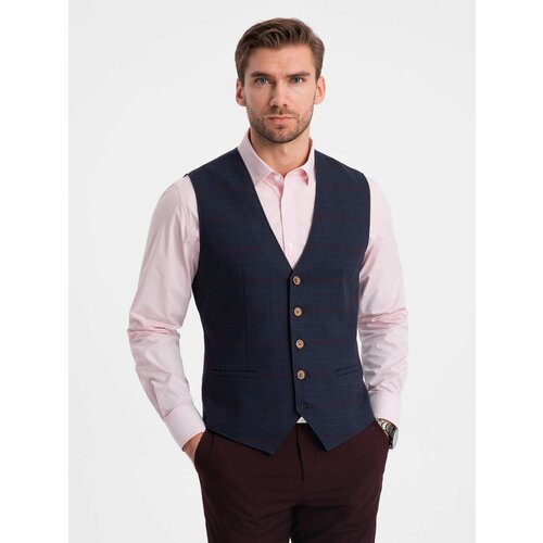 Ombre Men's vest without lapels in delicate check - navy blue Slike