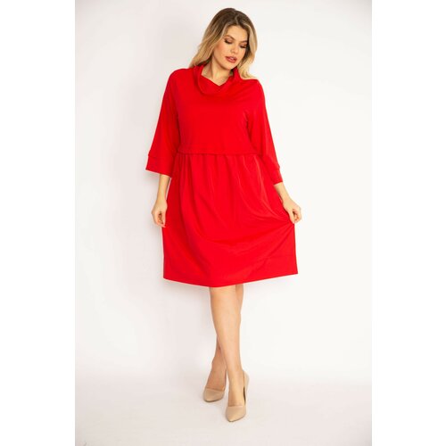 Şans women's plus size red high collar skirt part collar and arm cuff rolling fabric dress Cene