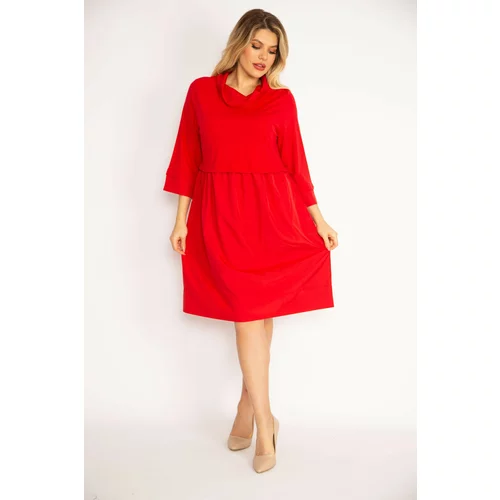 Şans Women's Plus Size Red High Collar Skirt Part Collar And Arm Cuff Rolling Fabric Dress