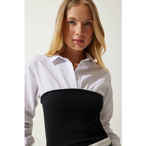 Happiness İstanbul Women's White Black Polo Collar Color Block Shirt Slike