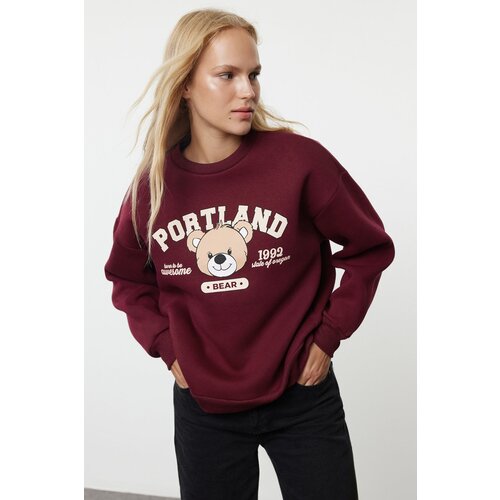 Trendyol Burgundy Printed Oversize/Wide Fit Crew Neck Thick Knitted Sweatshirt Slike