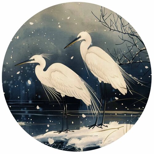  Okrugla fototapeta - Herons over a winter pond - Japanese-style illustration in dark colours 280x280 Slike