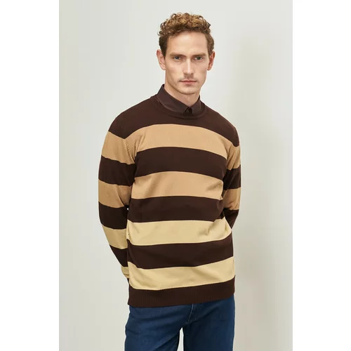 AC&Co / Altınyıldız Classics Men's Coffee-dark Beige Anti-pilling Anti-Pilling Standard Fit Crew Neck Striped Knitwear Sweater.