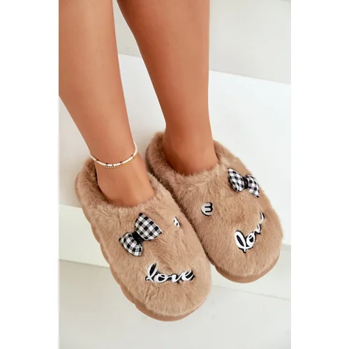 FK1 Womens Fur Slippers With Patches And Bow Brown Linnorelia