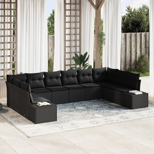 VidaXL 10-dijelni set vrtnih sofa s jastučićima crni poli ratan Slike