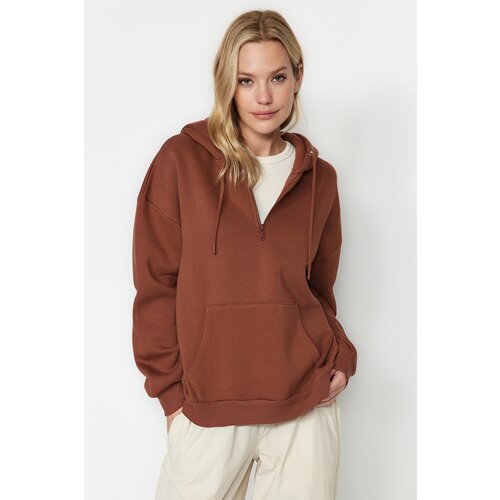 Trendyol Brown Thick Fleece Hooded Zippered Basic Oversized Knitted Sweatshirt Slike