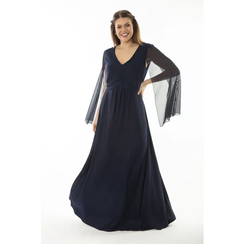 Şans Women's Plus Size Navy Blue Waist Detailed Sleeves Tulle Evening Dress