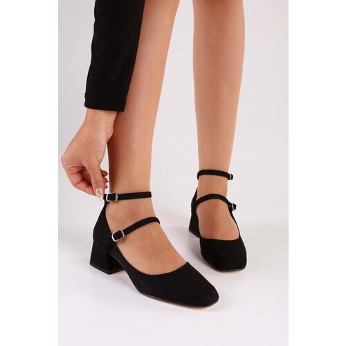 Shoeberry Women's Linnie Black Suede Thick Heeled Shoes Black Suede Slike