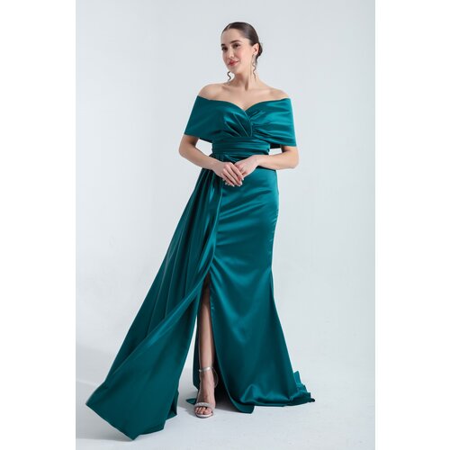 Lafaba Women's Emerald Green Boat Neck Slit Long Evening Dress Cene