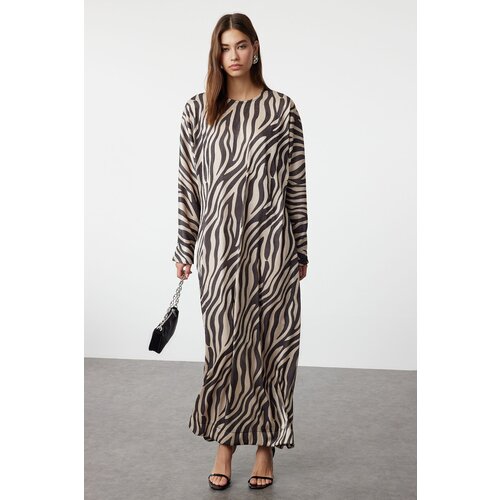 Trendyol Beige Animal/Zebra Patterned Crinkle Knitted Dress Slike