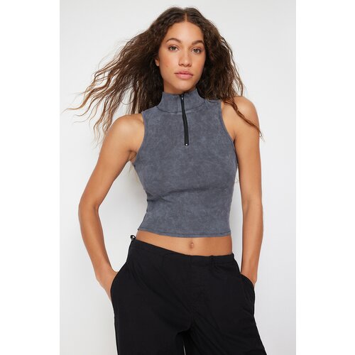 Trendyol Anthracite Aged/Faded Effect Fitted Zippered Corded Cotton Stretchy Knitted Blouse Slike