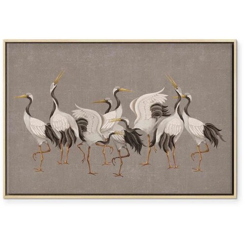  Slika - Crane dance &amp;ndash; bright silhouettes of birds against a warm grey background with texture 60x40 U prirodnom drvenom okviru Slike