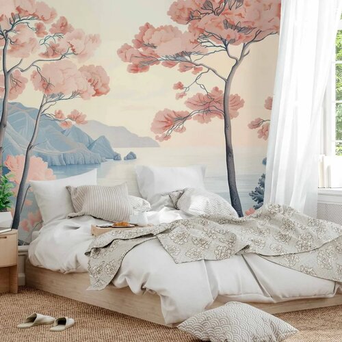  Foto tapeta - Landscape with the Ocean Cliffs and Trees in Delicate Pink Shades 250x175 Standard Slike