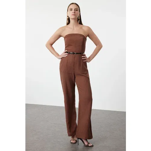 Trendyol Brown Strapless Collar Linen Look Jumpsuit